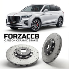 ForzaCCB direct OEM replacement carbon ceramic brake rotors for 2023 and newer Hongqi HS3 models, shown with a white Hongqi HS3 car.