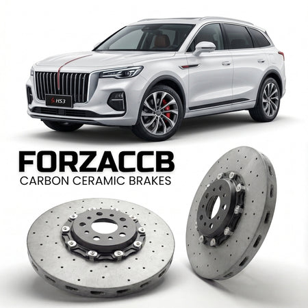 ForzaCCB direct OEM replacement carbon ceramic brake rotors for 2023 and newer Hongqi HS3 models, shown with a white Hongqi HS3 car.