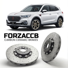 ForzaCCB direct OEM replacement carbon ceramic brake rotors for 2019 to 2023 Hongqi HS5 models, shown with a white Hongqi HS5 car.