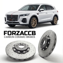ForzaCCB direct OEM replacement carbon ceramic brake rotors for 2023 and newer Hongqi HS5 facelift 2023 models, shown with a white Hongqi HS5 car.