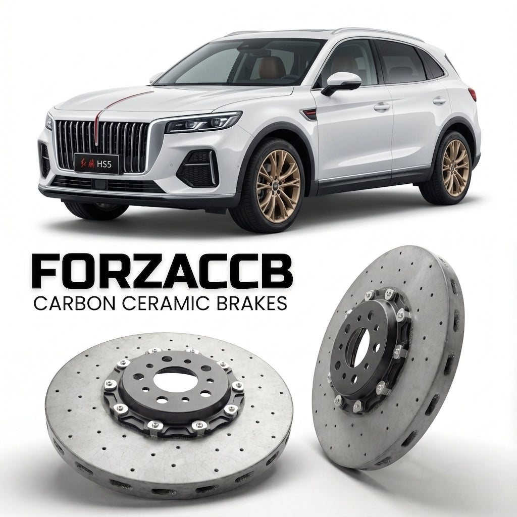 ForzaCCB direct OEM replacement carbon ceramic brake rotors for 2023 and newer Hongqi HS5 facelift 2023 models, shown with a white Hongqi HS5 car.