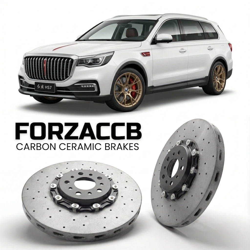 ForzaCCB direct OEM replacement carbon ceramic brake rotors for 2019 to 2023 Hongqi HS7 models, shown with a white Hongqi HS7 car.