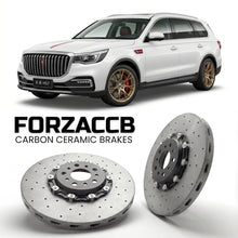 ForzaCCB direct OEM replacement carbon ceramic brake rotors for 2019 to 2023 Hongqi HS7 models, shown with a white Hongqi HS7 car.