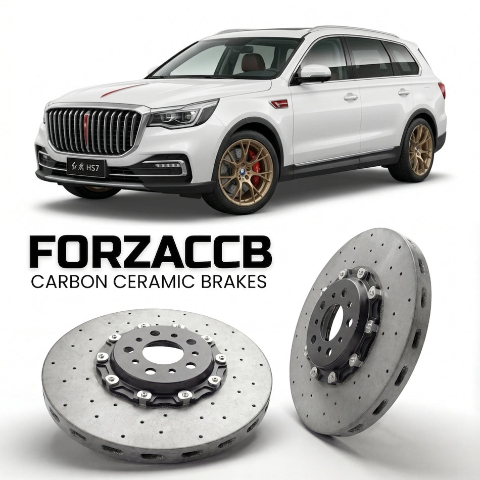 ForzaCCB direct OEM replacement carbon ceramic brake rotors for 2019 to 2023 Hongqi HS7 models, shown with a white Hongqi HS7 car.