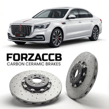ForzaCCB direct OEM replacement carbon ceramic brake rotors for 2023 and newer Hongqi HS7 II models, shown with a white Hongqi HS7 car.