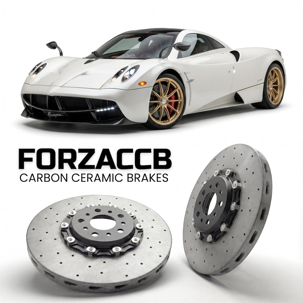 ForzaCCB direct OEM replacement carbon ceramic brake rotors for 2011 to 2018 Pagani Huayra models, shown with a white Pagani Huayra car.