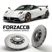 ForzaCCB direct OEM replacement carbon ceramic brake rotors for 2016 to 2019 Pagani Huayra BC models, shown with a white Pagani Huayra car.