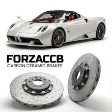 ForzaCCB direct OEM replacement carbon ceramic brake rotors for 2017 to 2019 Pagani Huayra Roadster models, shown with a white Pagani Huayra car.