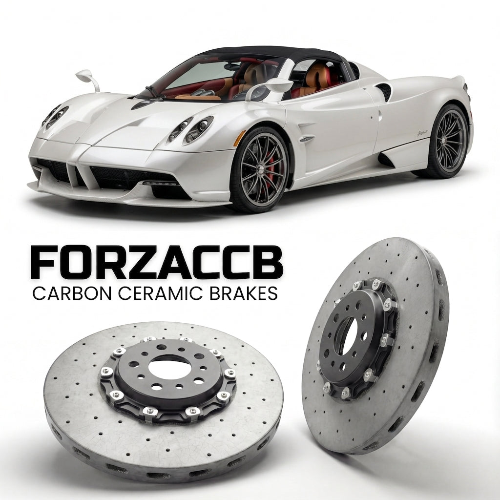 ForzaCCB direct OEM replacement carbon ceramic brake rotors for 2017 to 2019 Pagani Huayra Roadster models, shown with a white Pagani Huayra car.