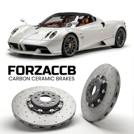 ForzaCCB direct OEM replacement carbon ceramic brake rotors for 2017 to 2019 Pagani Huayra Roadster models, shown with a white Pagani Huayra car.