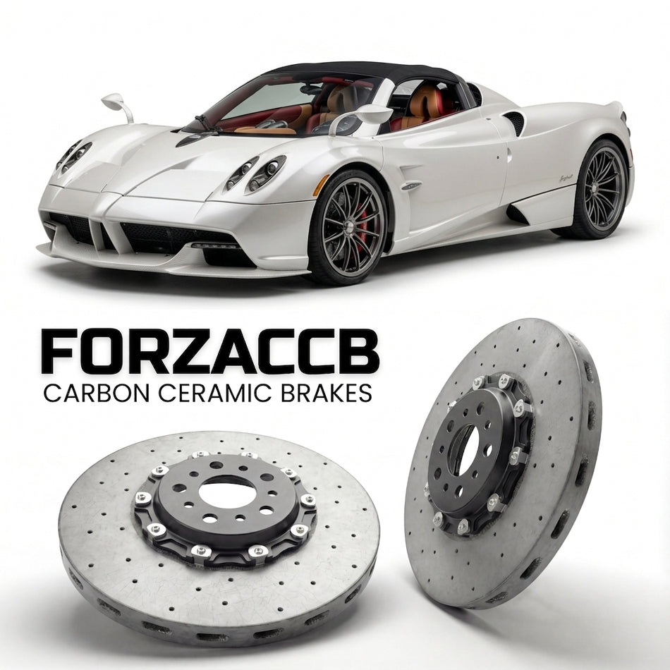 ForzaCCB direct OEM replacement carbon ceramic brake rotors for 2017 to 2019 Pagani Huayra Roadster models, shown with a white Pagani Huayra car.