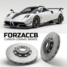 ForzaCCB direct OEM replacement carbon ceramic brake rotors for 2019 to 2021 Pagani Huayra Imola models, shown with a white Pagani Huayra car.
