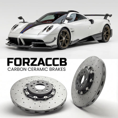 ForzaCCB direct OEM replacement carbon ceramic brake rotors for 2019 to 2021 Pagani Huayra Imola models, shown with a white Pagani Huayra car.