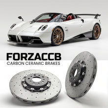 ForzaCCB direct OEM replacement carbon ceramic brake rotors for 2019 to 2022 Pagani Huayra Roadster BC models, shown with a white Pagani Huayra car.
