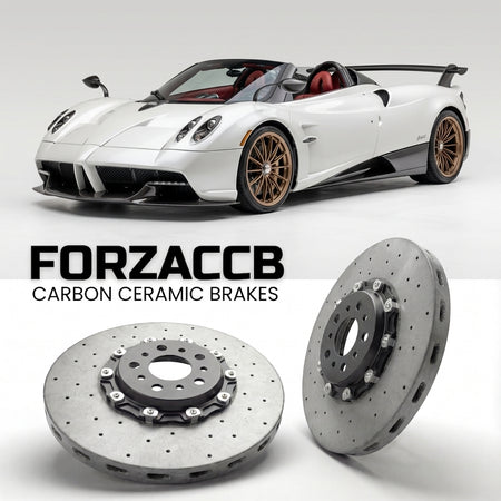 ForzaCCB direct OEM replacement carbon ceramic brake rotors for 2019 to 2022 Pagani Huayra Roadster BC models, shown with a white Pagani Huayra car.
