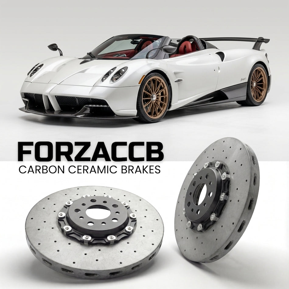 ForzaCCB direct OEM replacement carbon ceramic brake rotors for 2019 to 2022 Pagani Huayra Roadster BC models, shown with a white Pagani Huayra car.