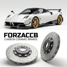 ForzaCCB direct OEM replacement carbon ceramic brake rotors for 2021 to 2021 Pagani Huayra models, shown with a white Pagani Huayra car.