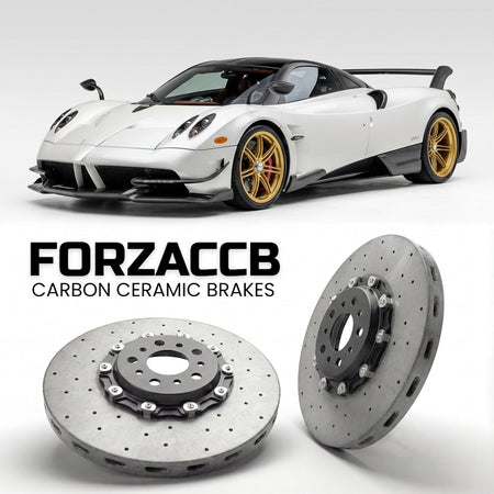 ForzaCCB direct OEM replacement carbon ceramic brake rotors for 2021 to 2021 Pagani Huayra models, shown with a white Pagani Huayra car.