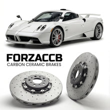 ForzaCCB direct OEM replacement carbon ceramic brake rotors for 2022 to 2022 Pagani Huayra Codalunga models, shown with a white Pagani Huayra car.