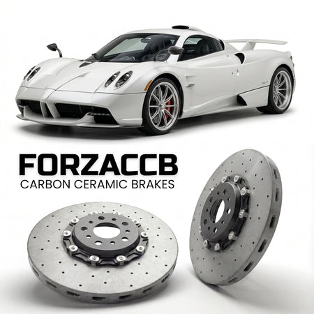 ForzaCCB direct OEM replacement carbon ceramic brake rotors for 2022 to 2022 Pagani Huayra Codalunga models, shown with a white Pagani Huayra car.