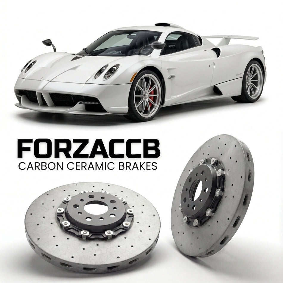 ForzaCCB direct OEM replacement carbon ceramic brake rotors for 2022 to 2022 Pagani Huayra Codalunga models, shown with a white Pagani Huayra car.