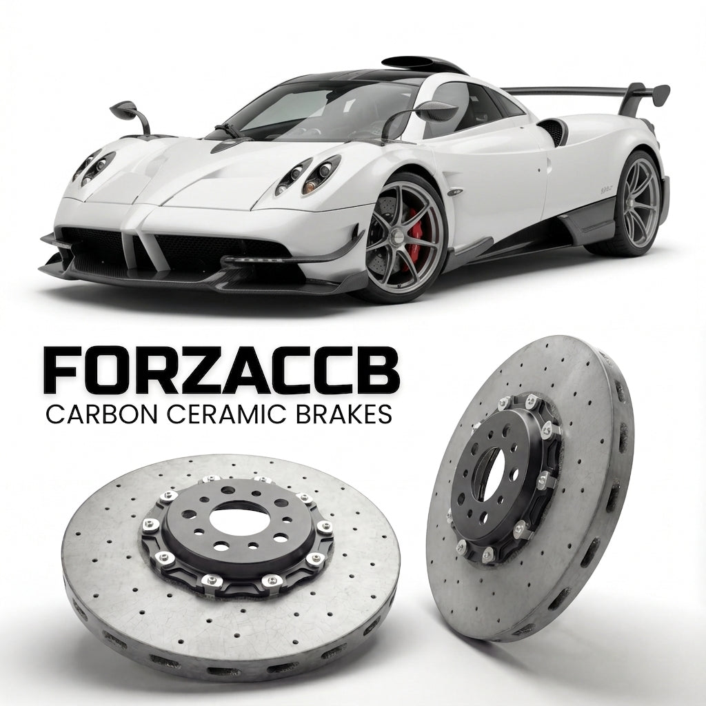 ForzaCCB direct OEM replacement carbon ceramic brake rotors for 2024 and newer Pagani Huayra R Evo models, shown with a white Pagani Huayra car.
