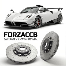 ForzaCCB direct OEM replacement carbon ceramic brake rotors for 2024 and newer Pagani Huayra R Evo models, shown with a white Pagani Huayra car.