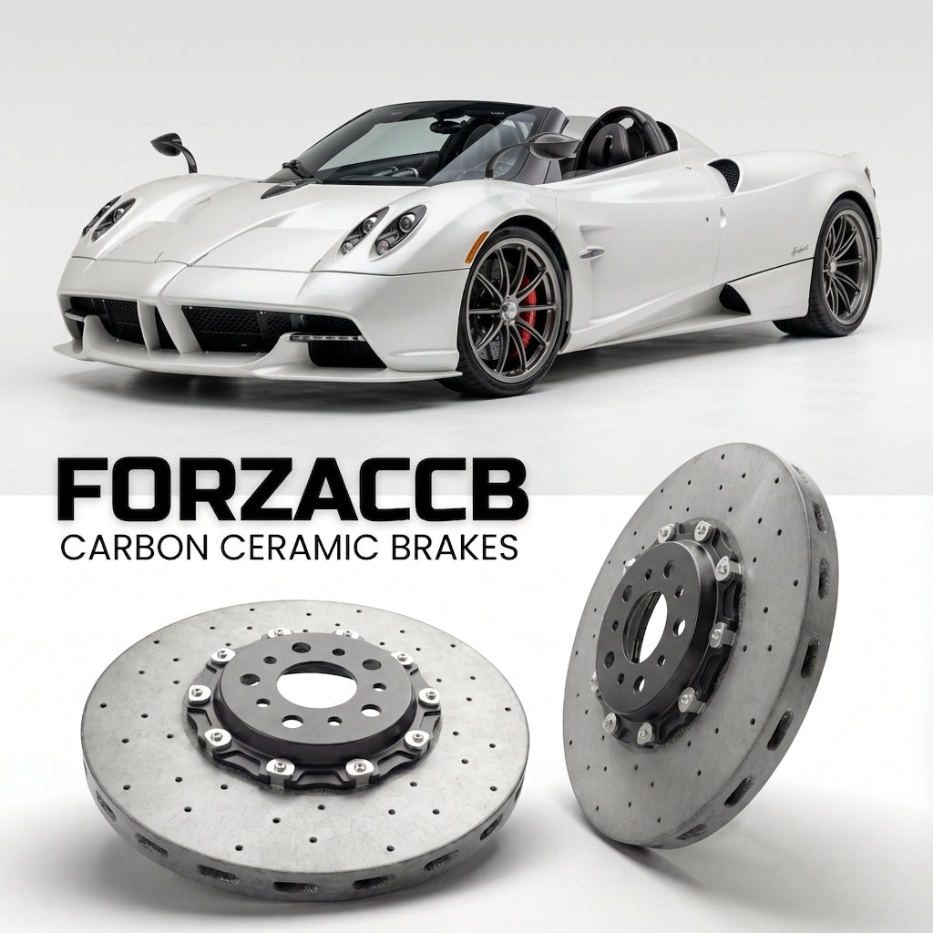 ForzaCCB direct OEM replacement carbon ceramic brake rotors for 2025 and newer Pagani Huayra Codalunga Speedster models, shown with a white Pagani Huayra car.
