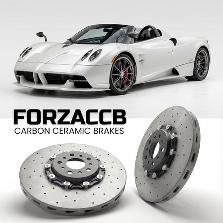 ForzaCCB direct OEM replacement carbon ceramic brake rotors for 2025 and newer Pagani Huayra Codalunga Speedster models, shown with a white Pagani Huayra car.