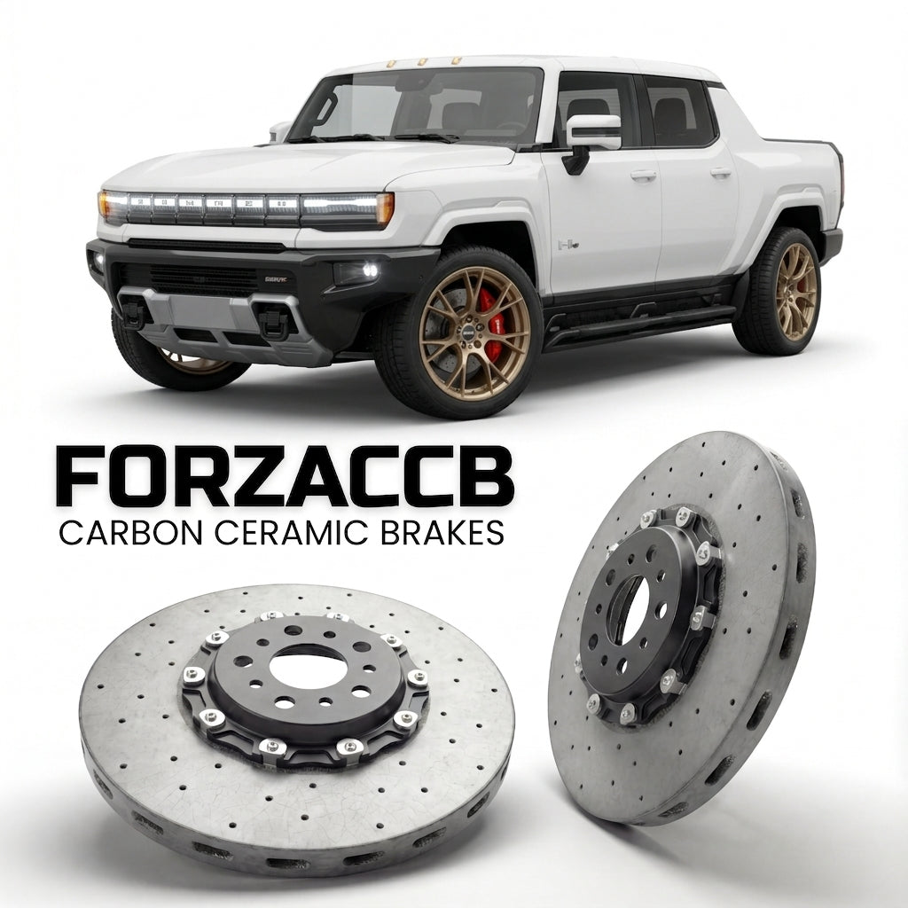 ForzaCCB direct OEM replacement carbon ceramic brake rotors for 2021 and newer GMC Hummer EV Pickup models, shown with a white GMC Hummer EV car.