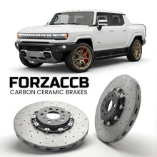 ForzaCCB direct OEM replacement carbon ceramic brake rotors for 2021 and newer GMC Hummer EV Pickup models, shown with a white GMC Hummer EV car.