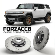 ForzaCCB direct OEM replacement carbon ceramic brake rotors for 2023 and newer GMC Hummer EV SUV models, shown with a white GMC Hummer EV car.
