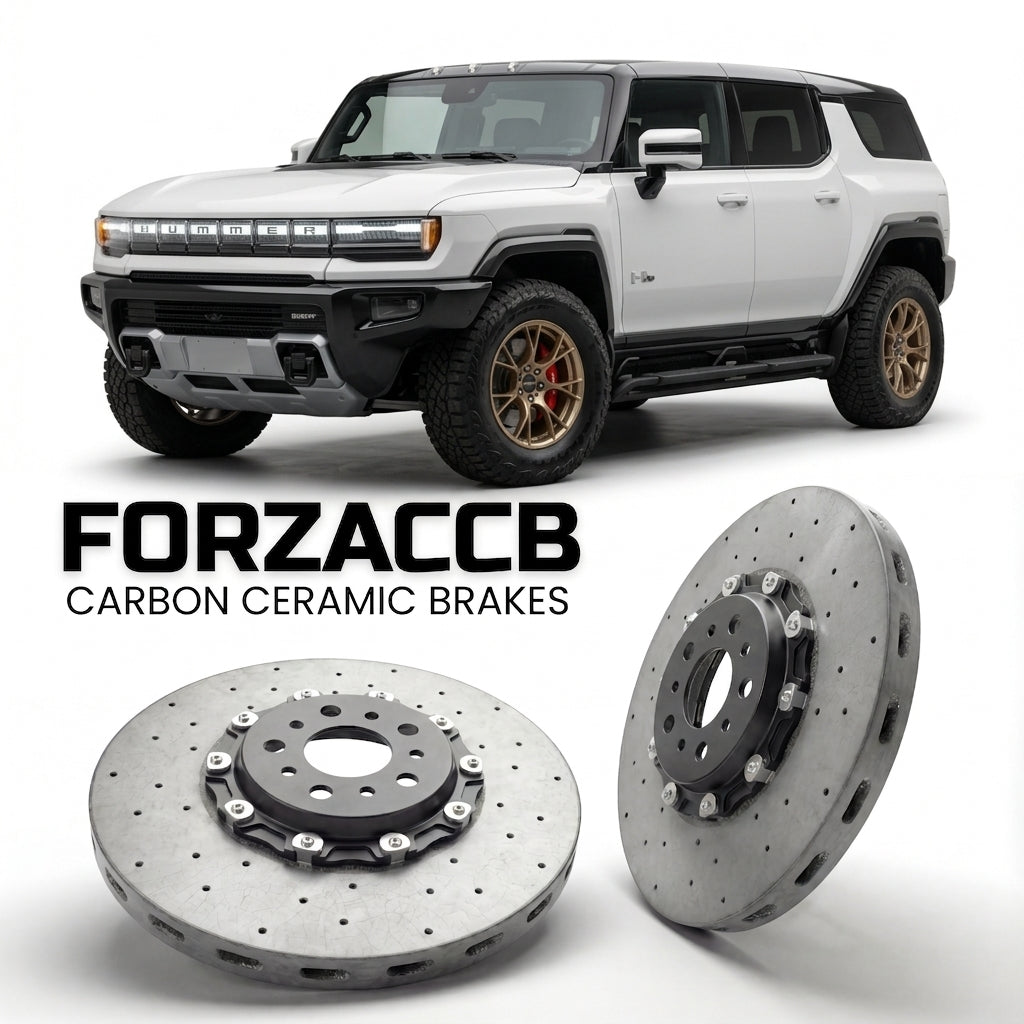 ForzaCCB direct OEM replacement carbon ceramic brake rotors for 2023 and newer GMC Hummer EV SUV models, shown with a white GMC Hummer EV car.