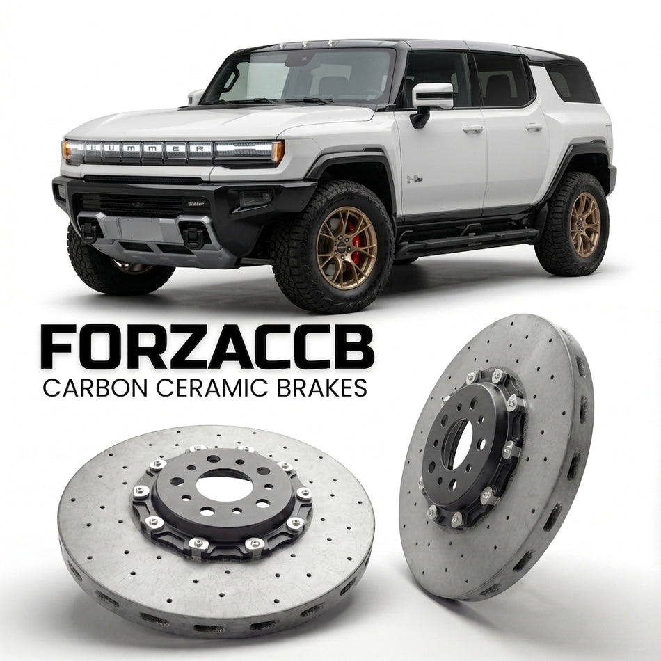 ForzaCCB direct OEM replacement carbon ceramic brake rotors for 2023 and newer GMC Hummer EV SUV models, shown with a white GMC Hummer EV car.