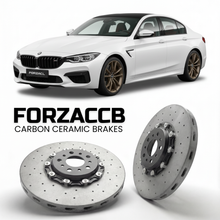 ForzaCCB direct OEM replacement carbon ceramic brake rotors for 2025 and newer Deepal Hunter K50 models, shown with a white Deepal Hunter K50 car.