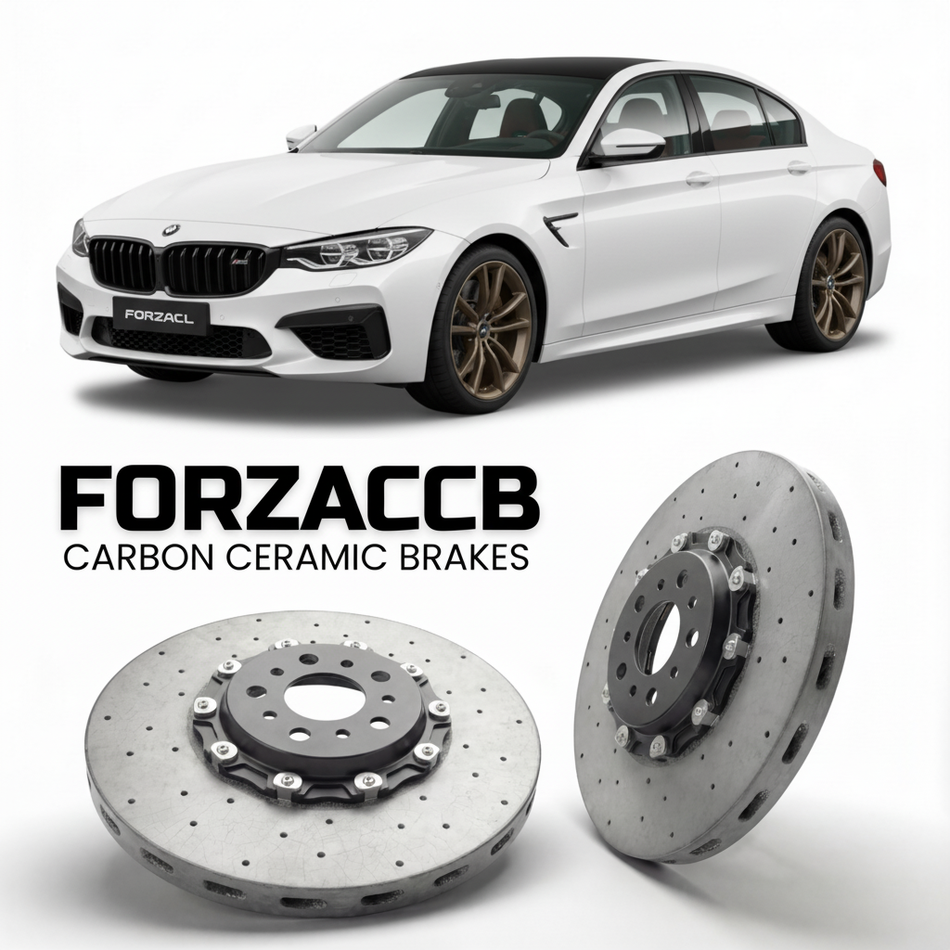 ForzaCCB direct OEM replacement carbon ceramic brake rotors for 2025 and newer Deepal Hunter K50 models, shown with a white Deepal Hunter K50 car.