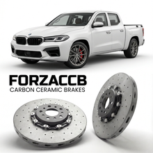 ForzaCCB direct OEM replacement carbon ceramic brake rotors for 2025 and newer Changan Nevo Hunter K50 Long Box models, shown with a white Changan Nevo Hunter K50 car.