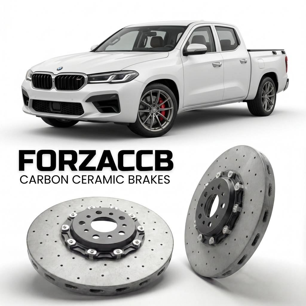 ForzaCCB direct OEM replacement carbon ceramic brake rotors for 2025 and newer Changan Nevo Hunter K50 Long Box models, shown with a white Changan Nevo Hunter K50 car.