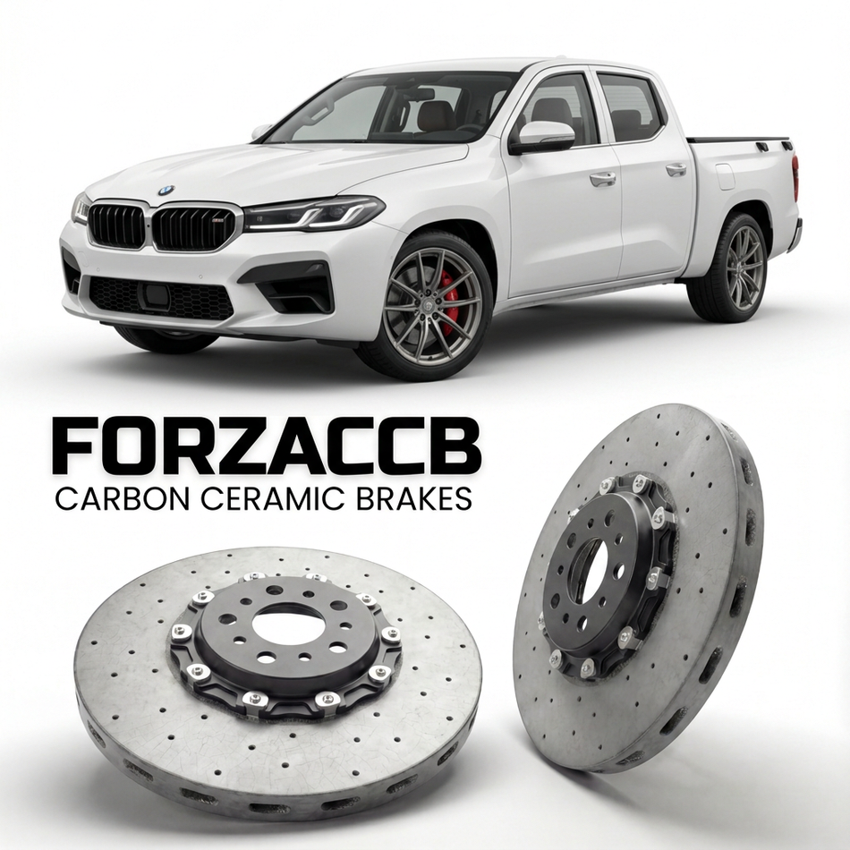ForzaCCB direct OEM replacement carbon ceramic brake rotors for 2025 and newer Changan Nevo Hunter K50 Long Box models, shown with a white Changan Nevo Hunter K50 car.