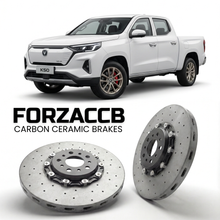 ForzaCCB direct OEM replacement carbon ceramic brake rotors for 2025 and newer Changan Nevo Hunter K50 Standard Box models, shown with a white Changan Nevo Hunter K50 car.