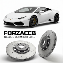 ForzaCCB direct OEM replacement carbon ceramic brake rotors for 2020 and newer Lamborghini Huracan Evo RWD models, shown with a white Lamborghini Huracan Evo RWD car.