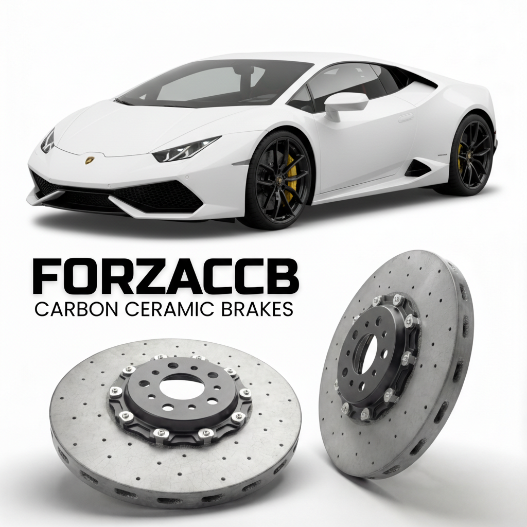 ForzaCCB direct OEM replacement carbon ceramic brake rotors for 2020 and newer Lamborghini Huracan Evo RWD models, shown with a white Lamborghini Huracan Evo RWD car.