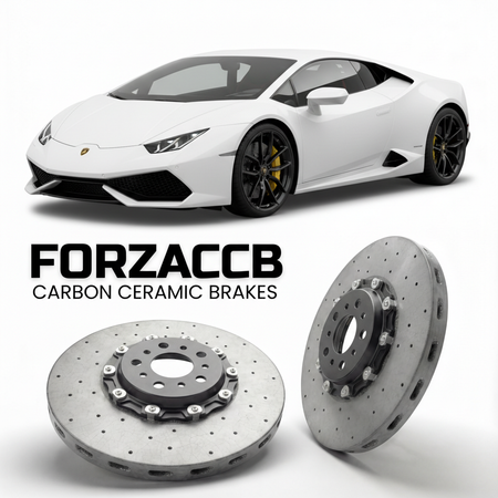 ForzaCCB direct OEM replacement carbon ceramic brake rotors for 2020 and newer Lamborghini Huracan Evo RWD models, shown with a white Lamborghini Huracan Evo RWD car.