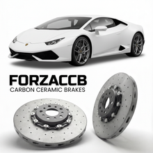 ForzaCCB direct OEM replacement carbon ceramic brake rotors for 2016 to 2019 Lamborghini Huracan LP580-2 models, shown with a white Lamborghini Huracan LP580-2 car.