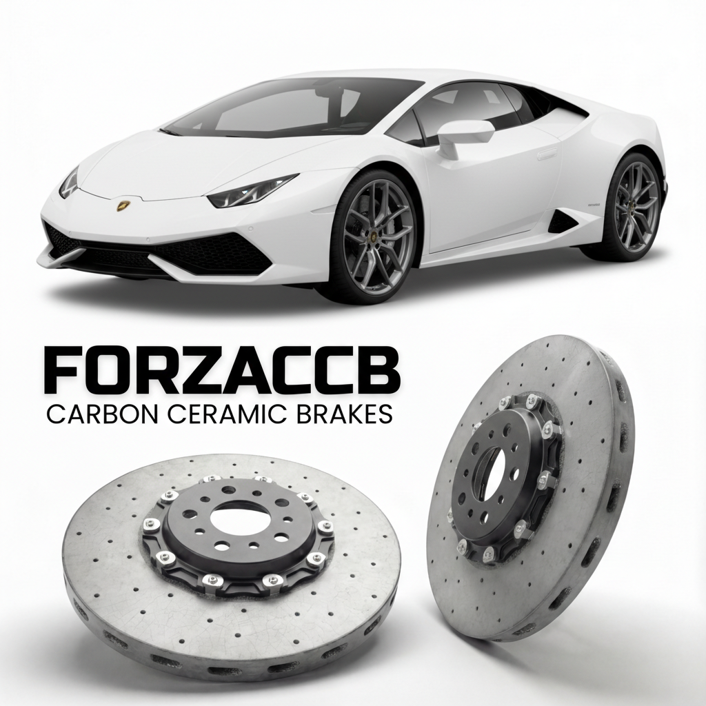ForzaCCB direct OEM replacement carbon ceramic brake rotors for 2016 to 2019 Lamborghini Huracan LP580-2 models, shown with a white Lamborghini Huracan LP580-2 car.