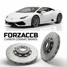 ForzaCCB direct OEM replacement carbon ceramic brake rotors for 2014 to 2019 Lamborghini Huracan LP610-4 models, shown with a white Lamborghini Huracan LP610-4 car.