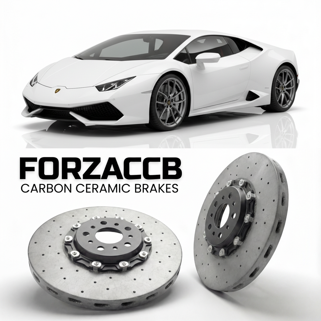 ForzaCCB direct OEM replacement carbon ceramic brake rotors for 2014 to 2019 Lamborghini Huracan LP610-4 models, shown with a white Lamborghini Huracan LP610-4 car.