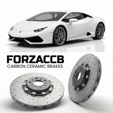 ForzaCCB direct OEM replacement carbon ceramic brake rotors for 2014 to 2019 Lamborghini Huracan LP610-4 models, shown with a white Lamborghini Huracan LP610-4 car.