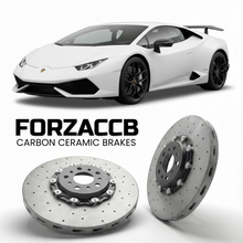ForzaCCB direct OEM replacement carbon ceramic brake rotors for 2017 to 2019 Lamborghini Huracan Performante models, shown with a white Lamborghini Huracan Performante car.