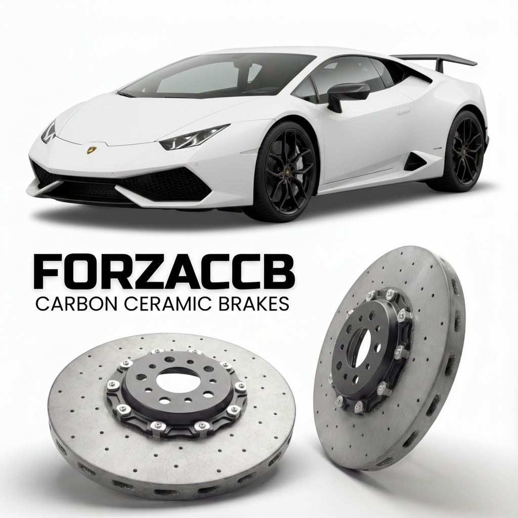 ForzaCCB direct OEM replacement carbon ceramic brake rotors for 2017 to 2019 Lamborghini Huracan Performante models, shown with a white Lamborghini Huracan Performante car.